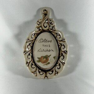 NEW, “BLESS THIS KITCHEN” CERAMIC KITCHEN PLAQUE/SPOON REST. This